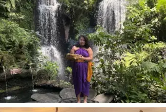 A guest at a Bali waterfall